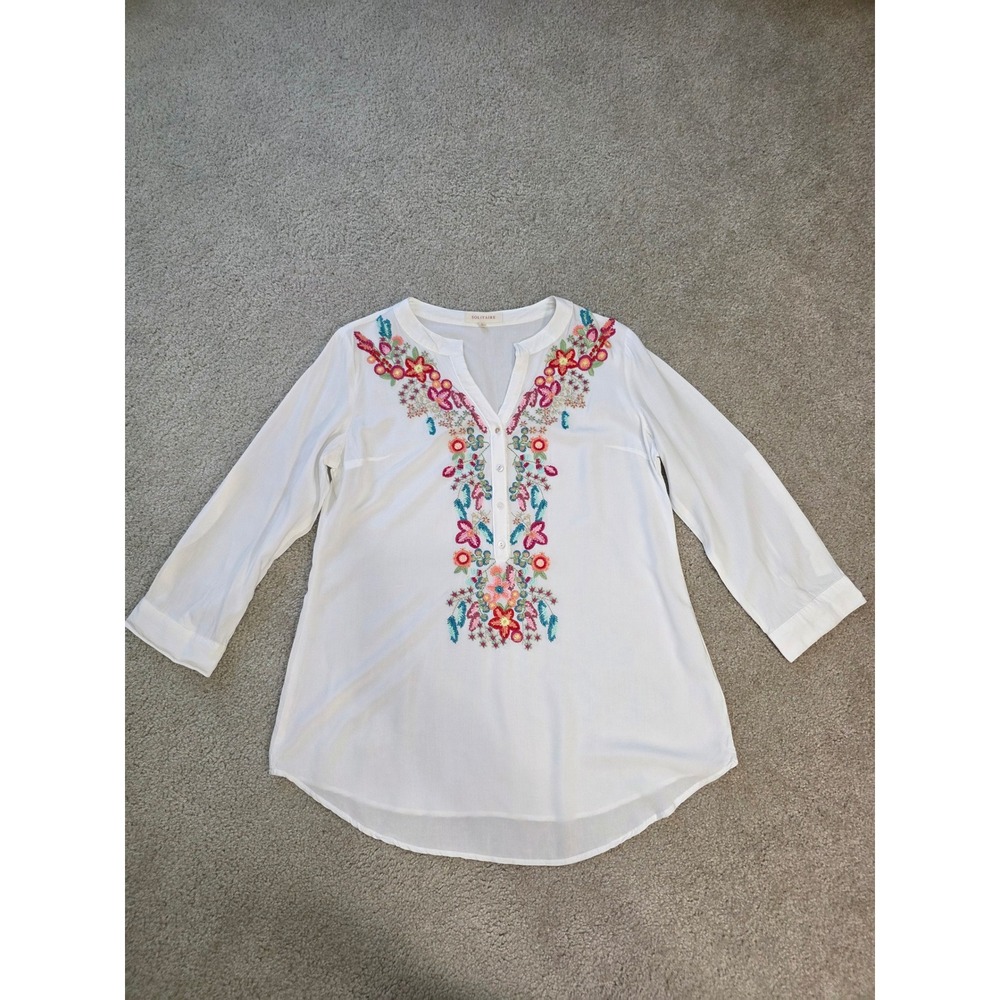 Solitaire White Floral Embroidered Rayon Blouse Top Large Boho